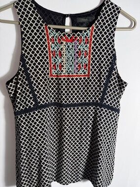 THML Black & White Lattice Sleeveless Top with Multicolor Embroidered Bib